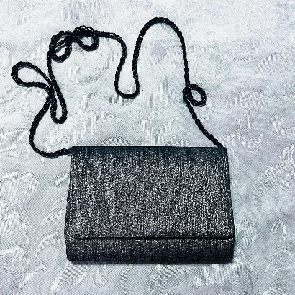 La Regale Elegant Evening Crossbody Bag Black Chain Shimmery Silver Gray Bag